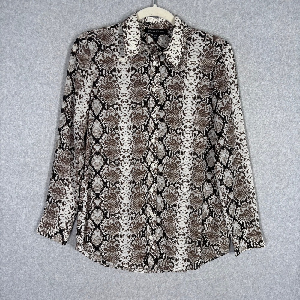 Banana Republic Snake Print Button Up Shirt XS Brown Cream Maximalist Neutral